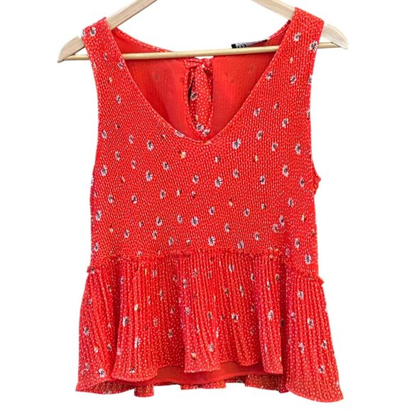 Zara Boho Red Floral Peplum Tank Top Tie Back Cottagecore Feminine Summer Indie - Picture 1 of 4